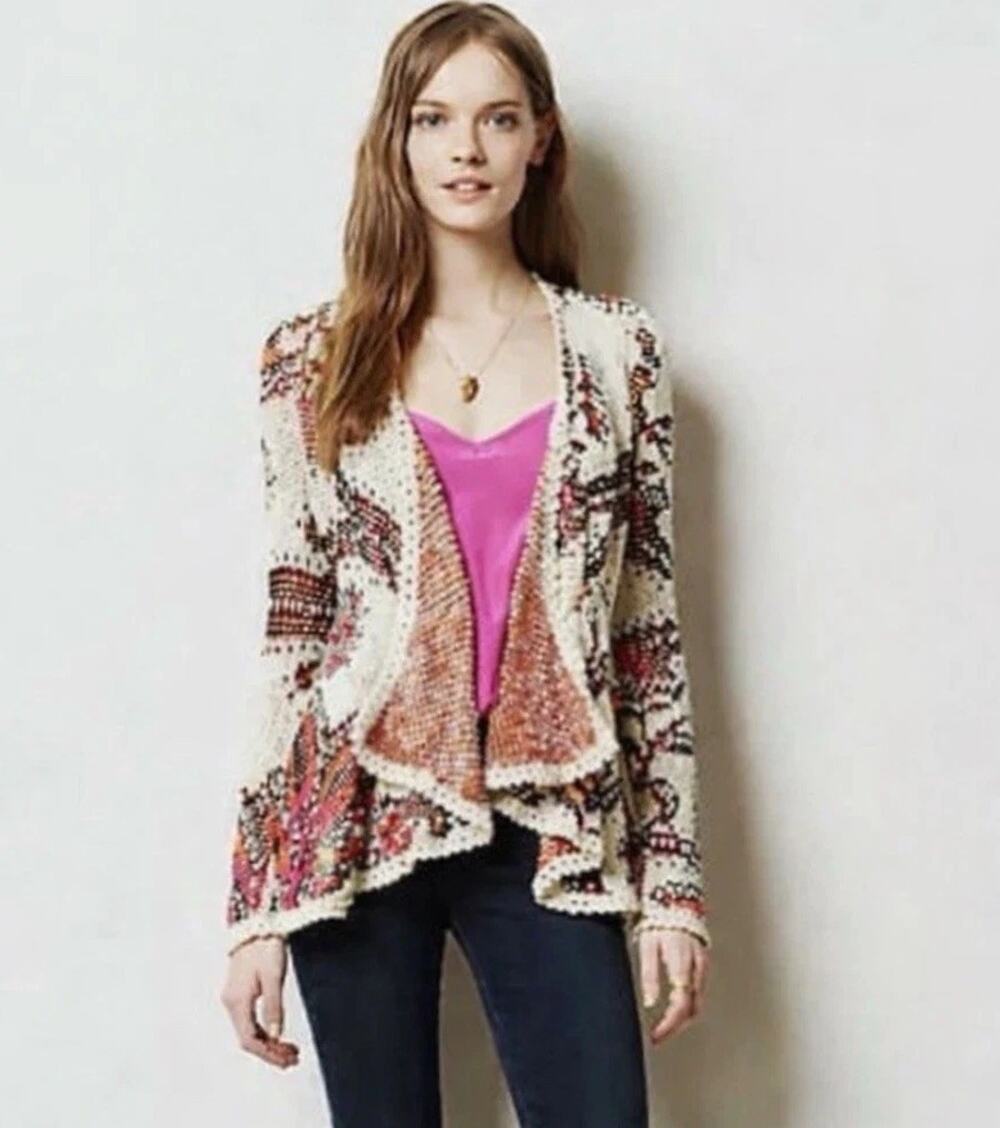 Anthropologie Moth Pleiades Boho Chunky Knit Open Cardigan Sweater Petite SMALL